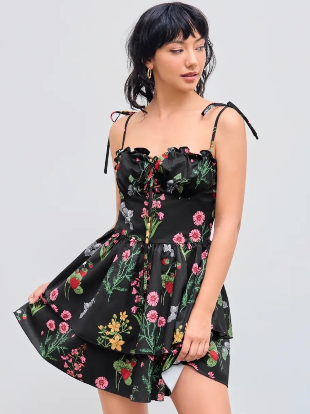 NWOT Cider Floral Ruffle Hem Knot Layered Mini Dress - Picture 3 of 8